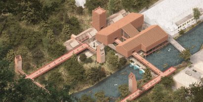Render of a bird's eye view of a wire-making factory