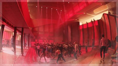 Visualisation showing the interior of a cultural centre with people dancing
