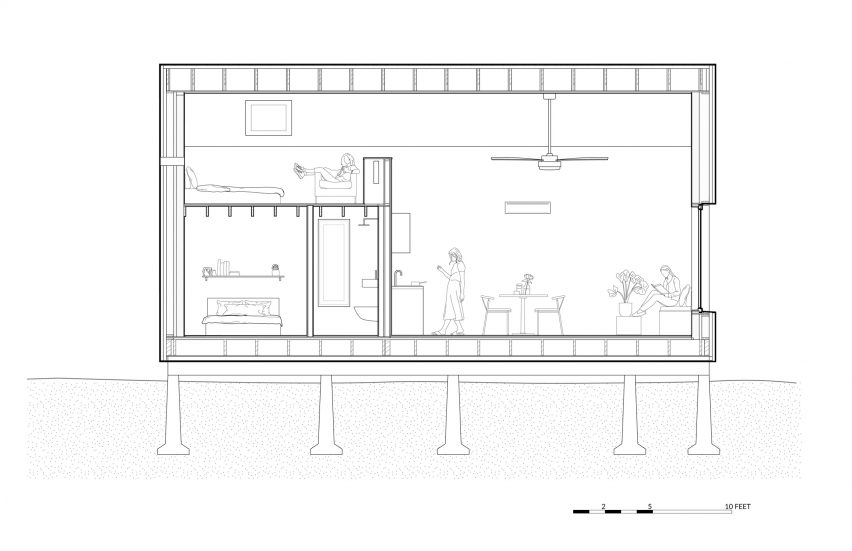 A section of a house with a loft, a bedroom, and a open living area
