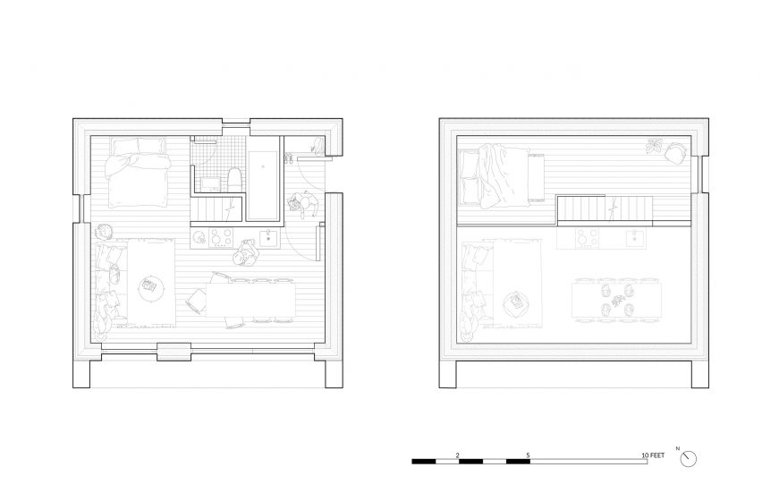 A square plan drawing of a small house