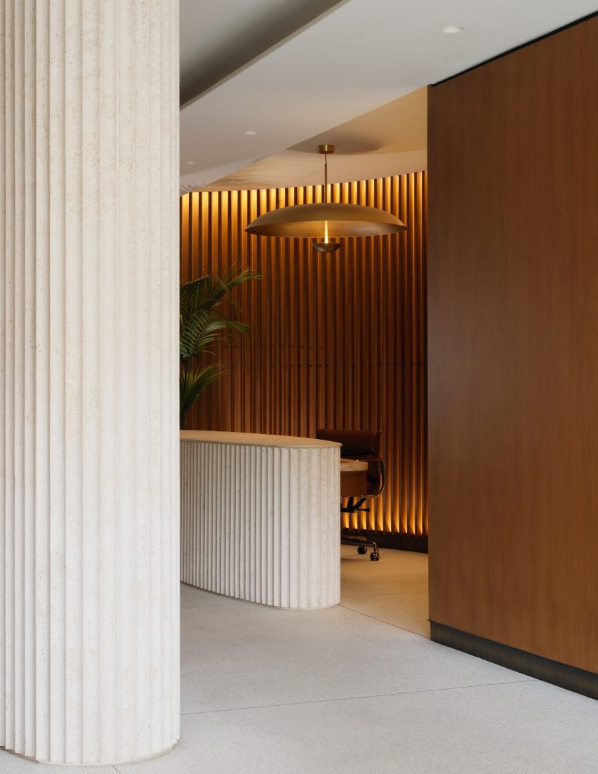 A lobby with an oval desk