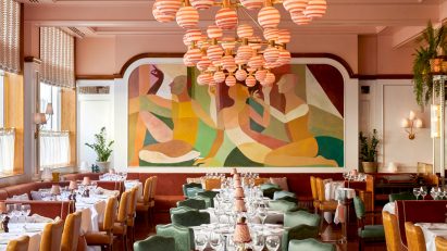 Interior of the restaurant, featuring glass sweet-like chandelier