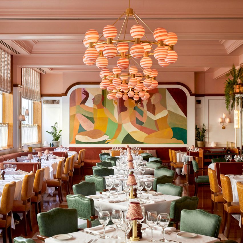 Interior of the restaurant, featuring glass sweet-like chandelier