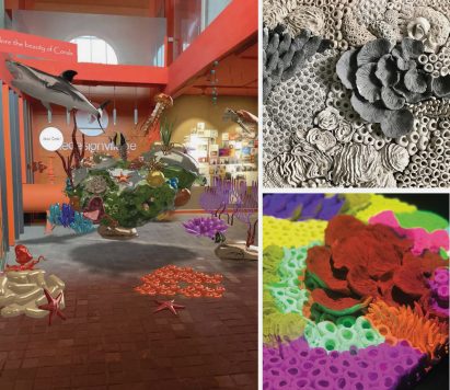 Collage with three images of representations of coral reefs
