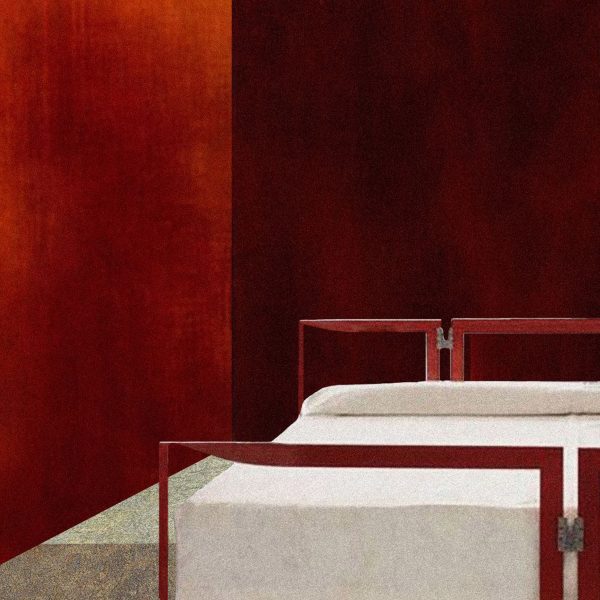 Painting of a bed in a red room