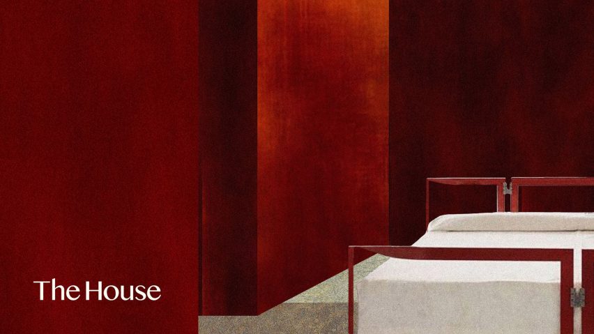 Painting of a bed in a red room for the House by M.A.H Gallery