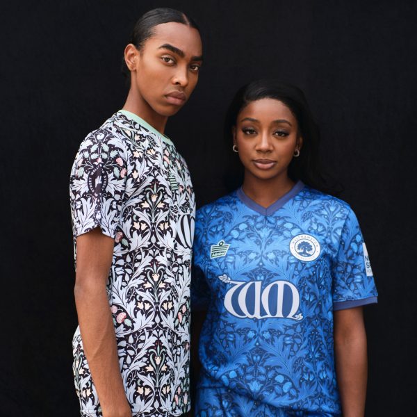 Models wearing football kit informed by Morris & Co design