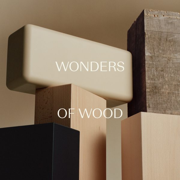 Logo of Wonders of Wood against a photo of wooden blocks