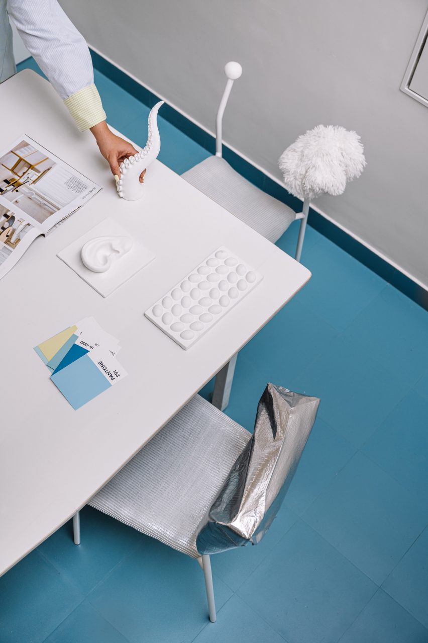White table and blue floor