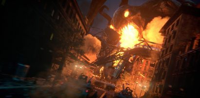 Fire-breathing monsters attack city in Colossus video by Factory Fifteen for Spitfire Audio