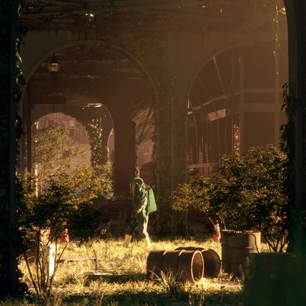 Render of plants taking over a city