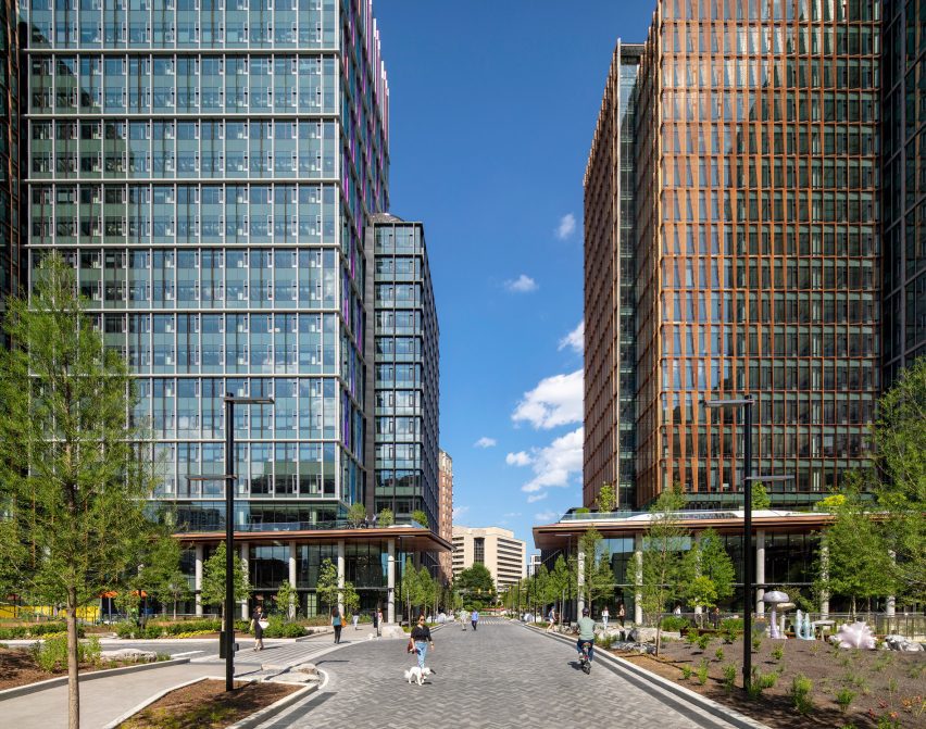 A walkway between two office buildings