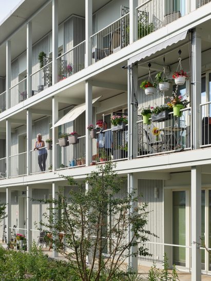 Covered walkways on a three-storey residential building