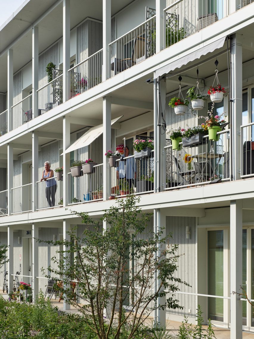Covered walkways on a three-storey residential building