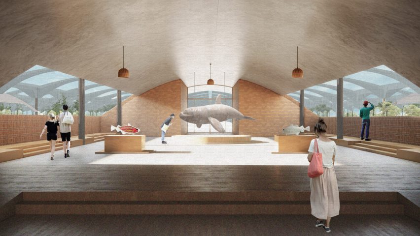 Render of an aquatic centre featuring exhibits of fish and whales