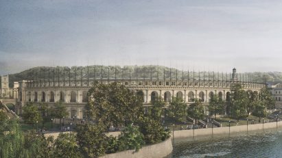 Riverside view of stadium in Bath