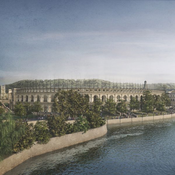 Riverside view of stadium in Bath
