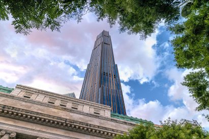 Bank and tower from below