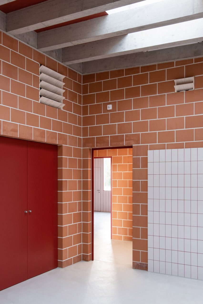 Terracotta brick wall interior of a workshop
