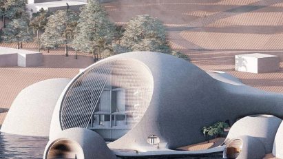 Rendering showing bulbous building by sea shore