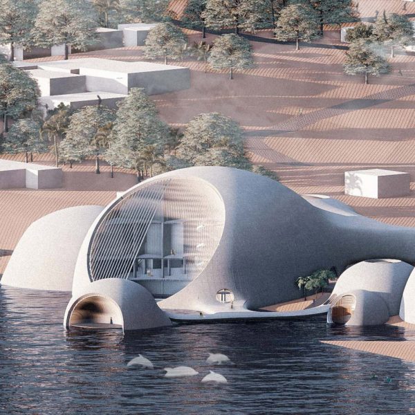 Rendering showing bulbous building by sea shore