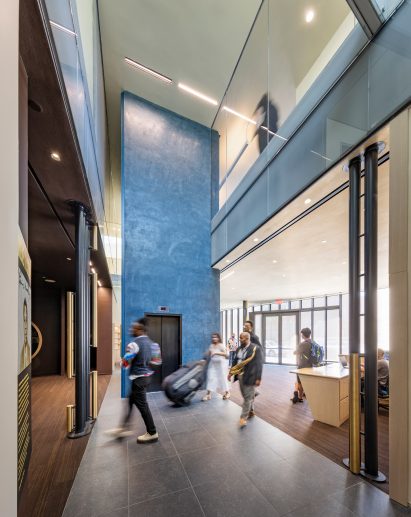 Marbled blue accents in the lobby