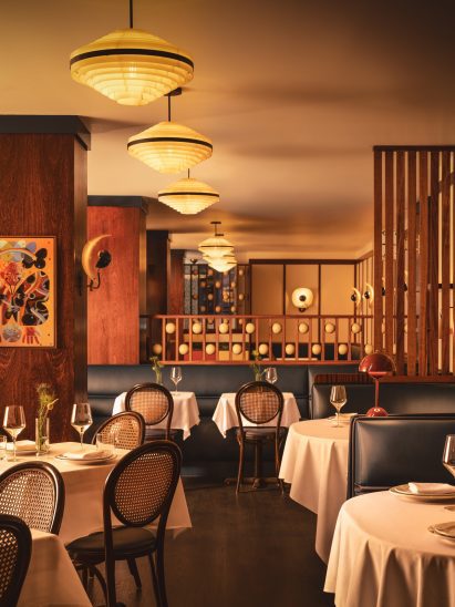 View down the dining room with multiple space dividers