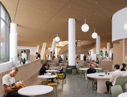 library interior with people relaxing in a lobby