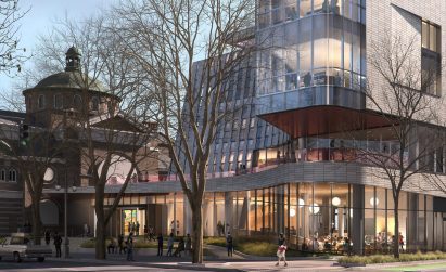 A library in Charlotte with a curving glass facade