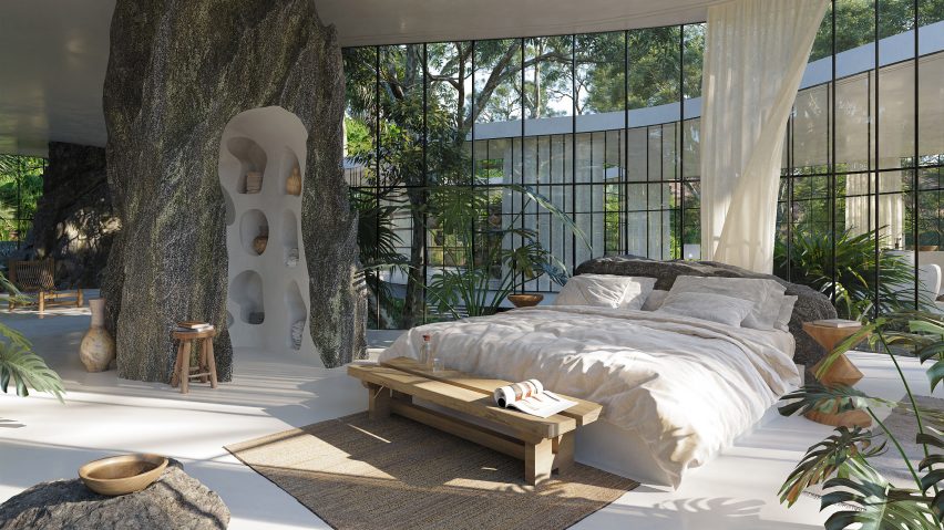 Bedroom interior with curved glazed wall by Charlotte Taylor