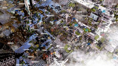 Perspective aerial view of a busy industrious futuristic city