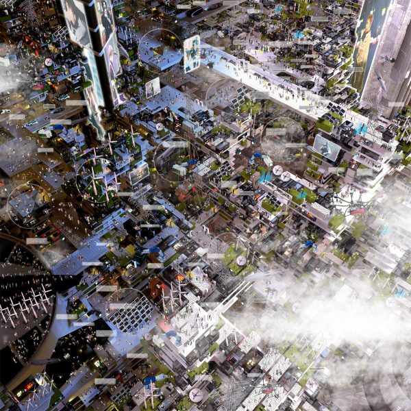 Perspective aerial view of a busy industrious futuristic city