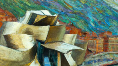 DALL-E 2 image of Frank Gehry's Guggenheim Museum in the style of Van Gogh