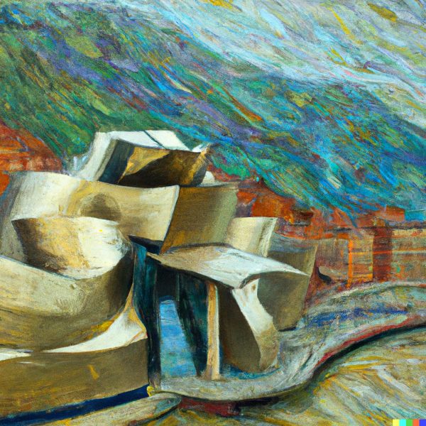 DALL-E 2 image of Frank Gehry's Guggenheim Museum in the style of Van Gogh