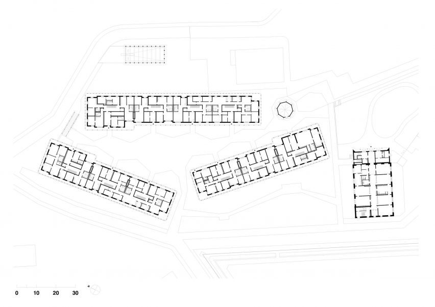 Ground floor plan of a multi-generational housing scheme in Germany by Dorschner Kahl Architects and Heine Mildner Architects