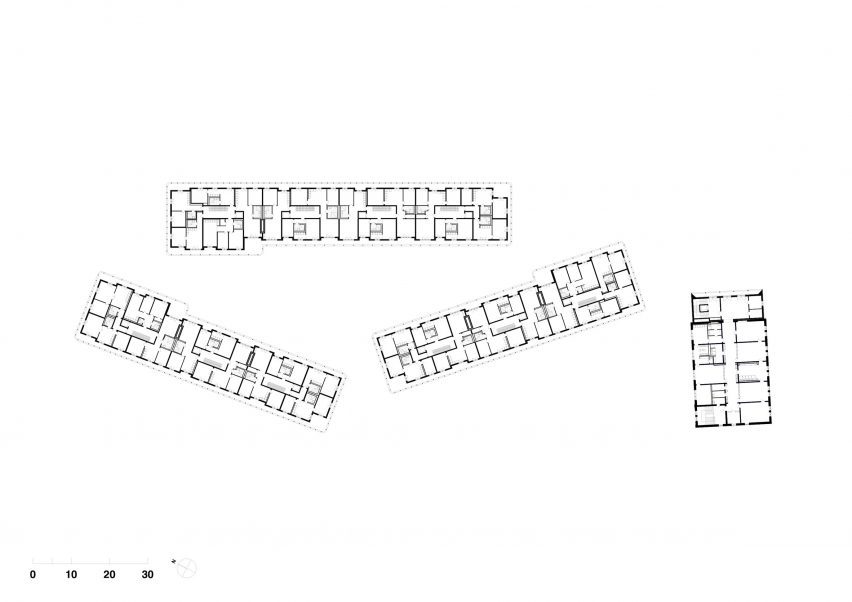 Upper floor plan of a multi-generational housing scheme in Germany by Dorschner Kahl Architects and Heine Mildner Architects