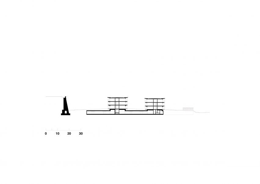 Section drawing of a multi-generational housing scheme in Germany by Dorschner Kahl Architects and Heine Mildner Architects