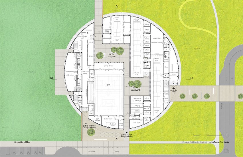 Ground floor plan of the Chicago Park District Headquarters by John Ronan Architects
