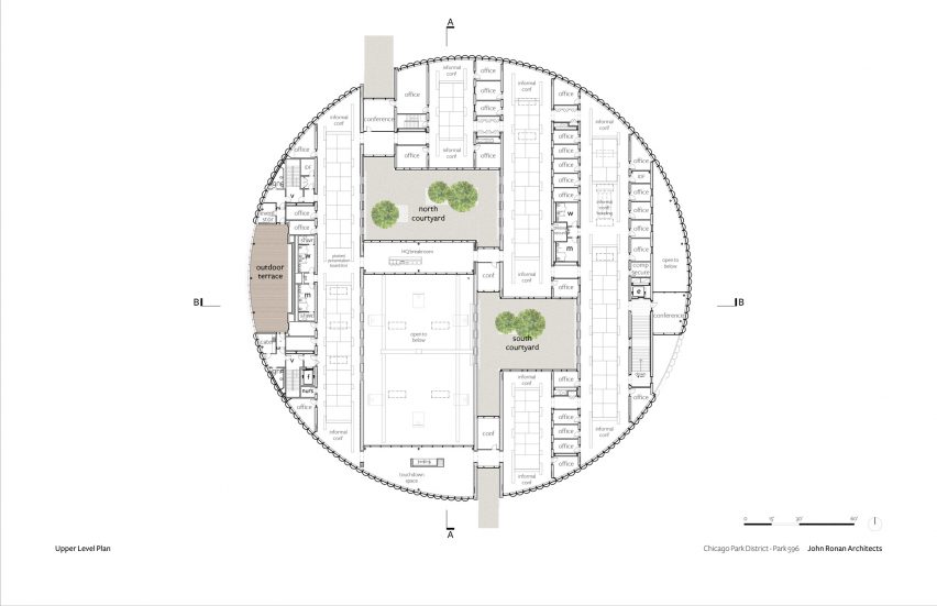 Upper floor plan of the Chicago Park District Headquarters by John Ronan Architects