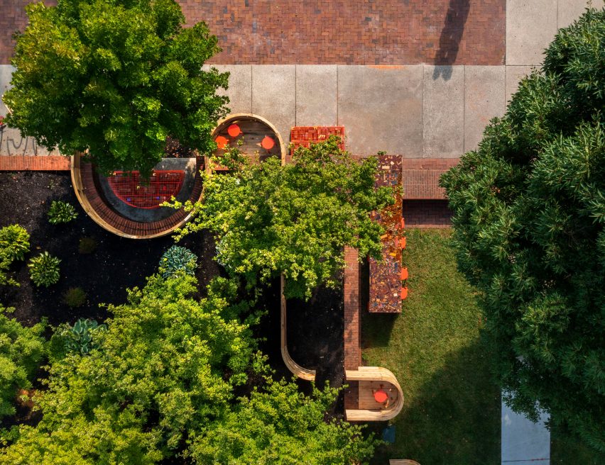 A birds-eye view of a wooden installation in Indiana
