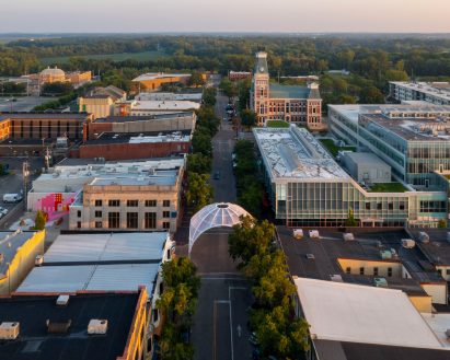 A white canopy over an intersection in downtown Columbus