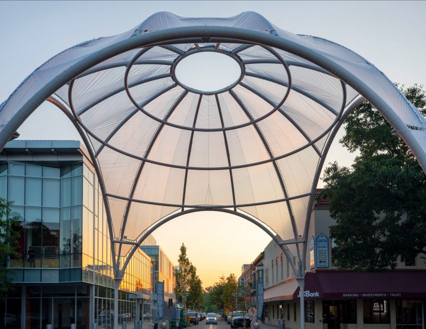 A white canopy over an intersection in downtown Columbus