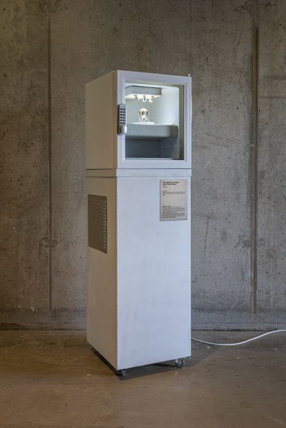 Photograph of a tall white fridge with a keypad lock on the door and a window showing a single cup of ice-cream inside
