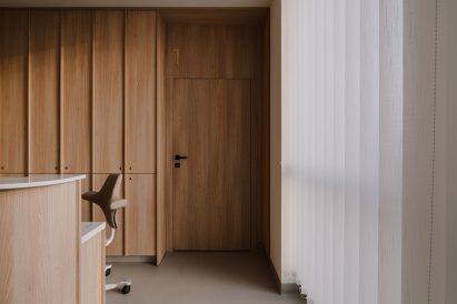 Waiting room with wood panelled walls
