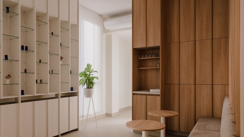 Waiting room with wood panelled walls