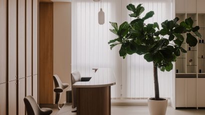 Waiting room with wood panelled walls