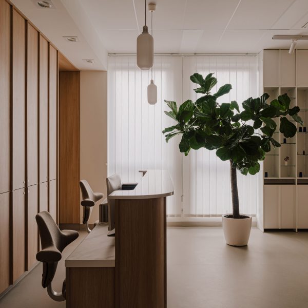 Waiting room with wood panelled walls