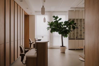 Waiting room with wood panelled walls