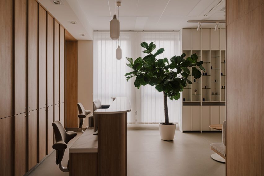 Waiting room with wood panelled walls