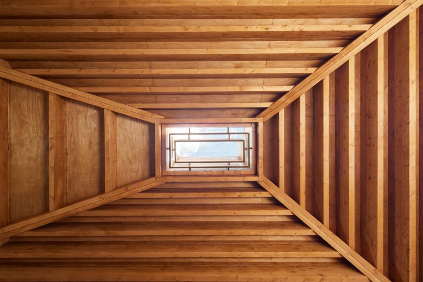 Close up of ceiling glulam beam structure